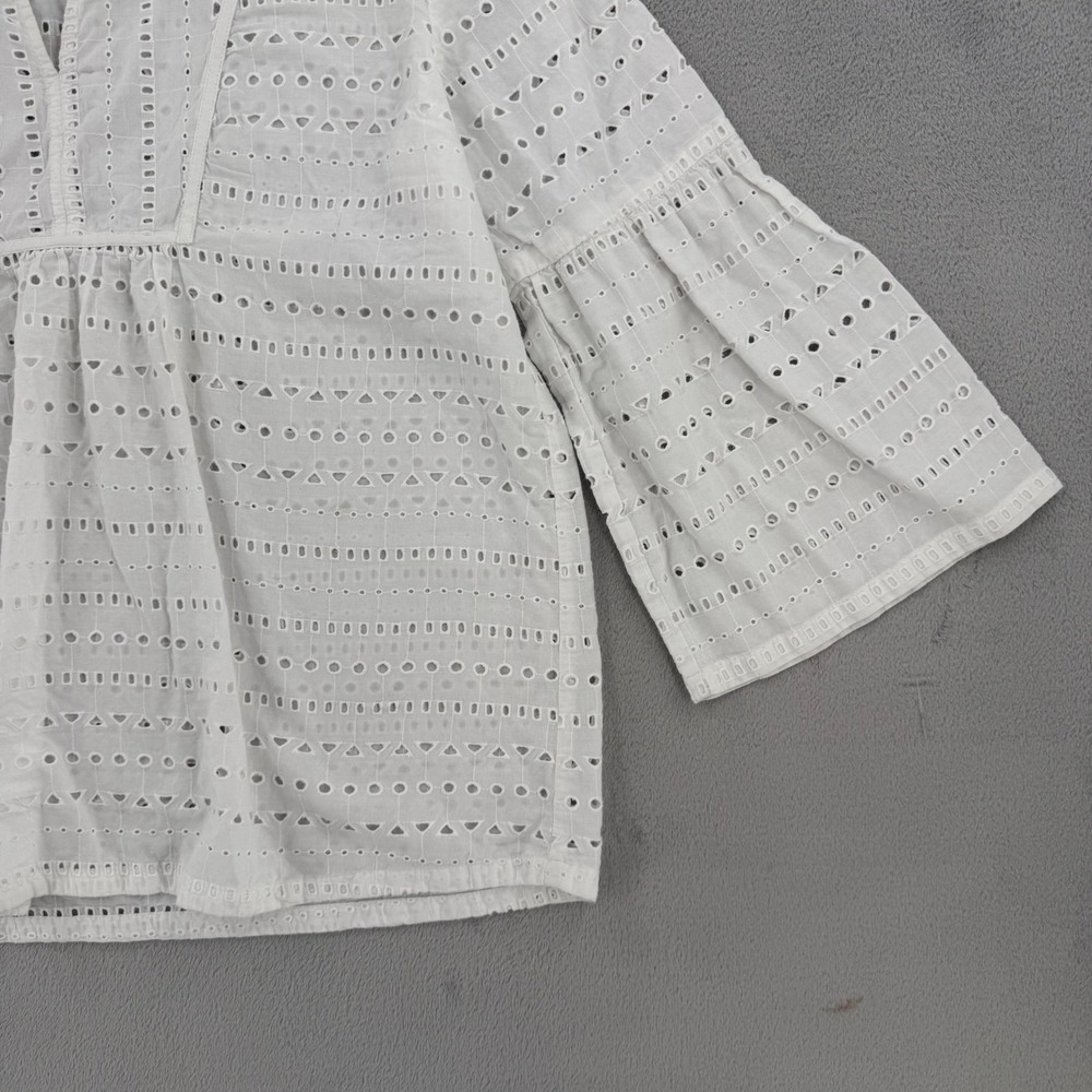 LOFT Blouse Top Womens Size M White Eyelet Cotton Split Neck Tiered Bell Sleeve - Picture 9 of 11